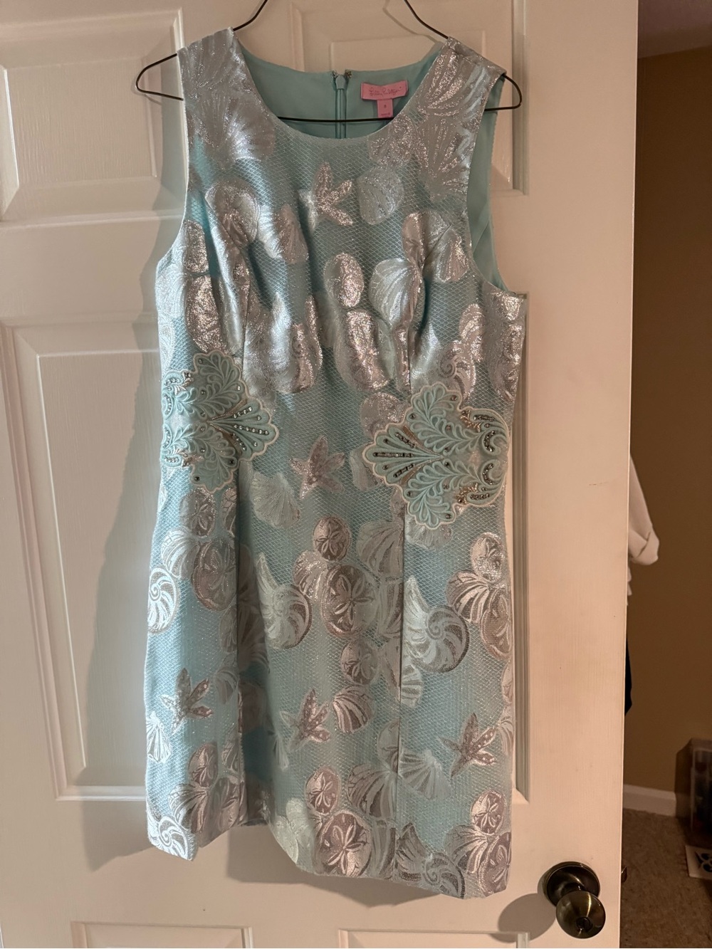 NWT Lilly Pulitzer MILA SHIFT SIZE 8 Mint Blue Metallic Silver Floral Midi Dress